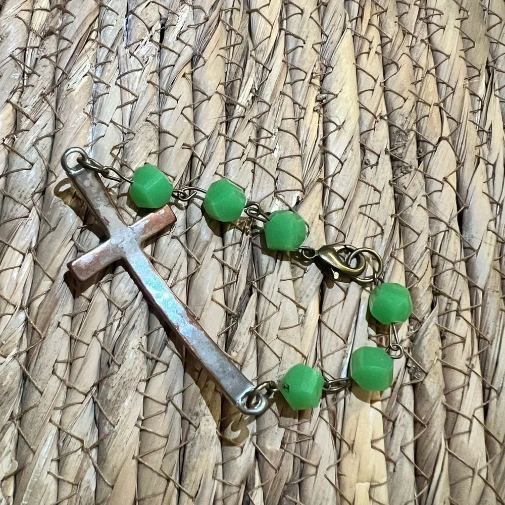 Silver Cross Bracelet with Green Beads